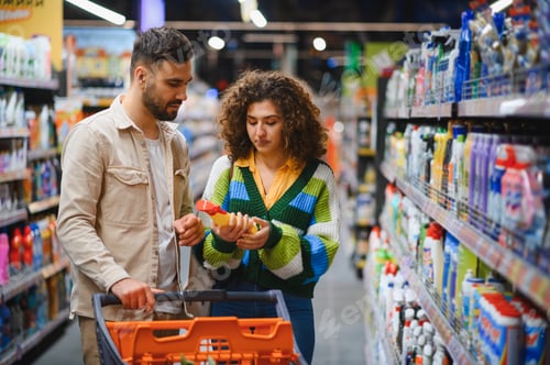 Preview: Couple comparing cleaning product labels at supermarket