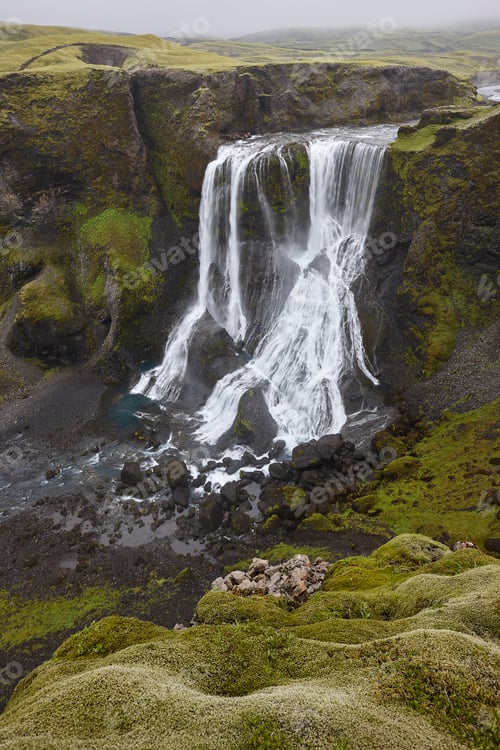 Preview: Fagrifoss waterfall. Mossy rocky landscape in Lakagigar. South area. Iceland
