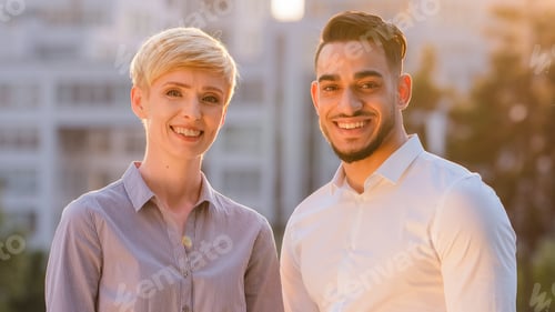 Preview: Portrait of multiracial colleagues multiethnic co-workers caucasian business woman blonde short hair