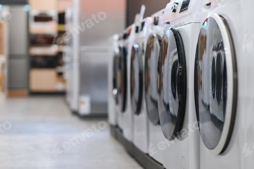 Preview: Rows of modern washing machines in a store