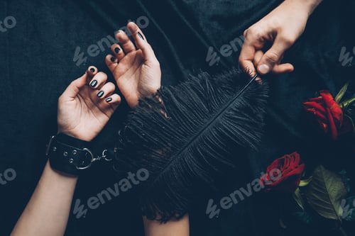 Vista previa: cropped shot of man holding black feather and woman in leather handcuffs