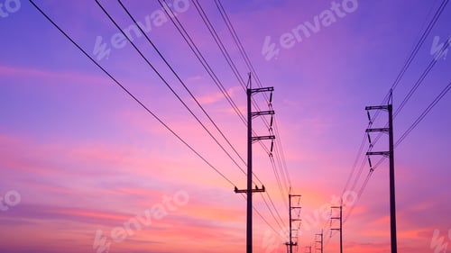 Preview: Silhouette row of electric poles with cable lines against colorful twilight sky background