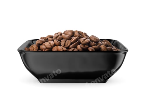 Preview: Roasted coffee beans in black bowl isolated on white. Front view.