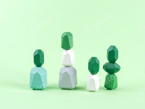 Preview: Geometric shape wooden elements podium on green background. Design concept