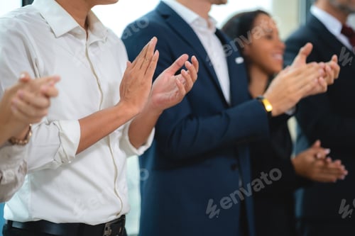 Preview: Happy colleagues business group applauding, partner team clapping to their company teamwork