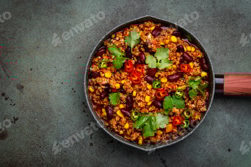 Preview: Chili con carne with beef, beans, paprika, corn, cilantro, jalapeno