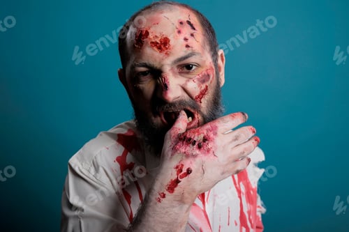 Preview: Crazy halloween zombie biting bloody hand