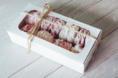 Preview: marshmallow in a box on white wooden background