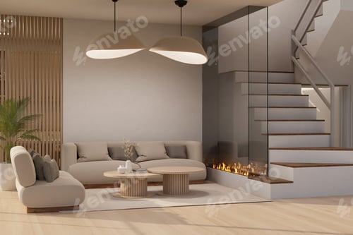 Preview: Cozy contemporary living room with couch, coffee table, pendants, stairway, houseplant and decor