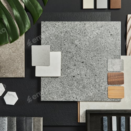 Preview: Flat lay composition of creative black architect moodboard