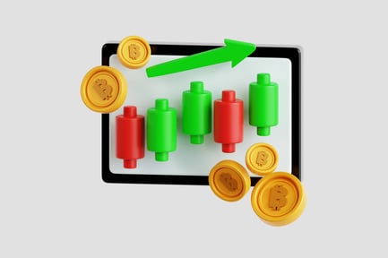Preview: 3D Icon Bitcoin Candlestick Chart Showing Cryptocurrency Market Growth
