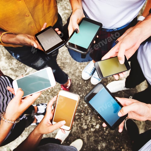 Preview: Young adults using smartphones in a circle social media and conn