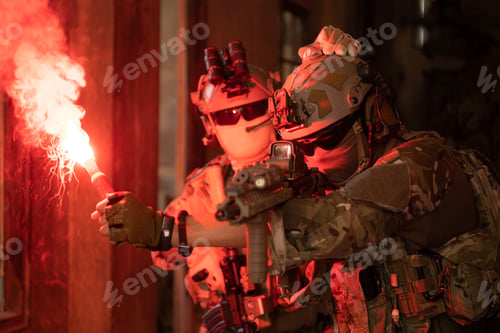 Preview: Soldier in anti-terrorist warfare in a dark building, Anti-terrorist operation training