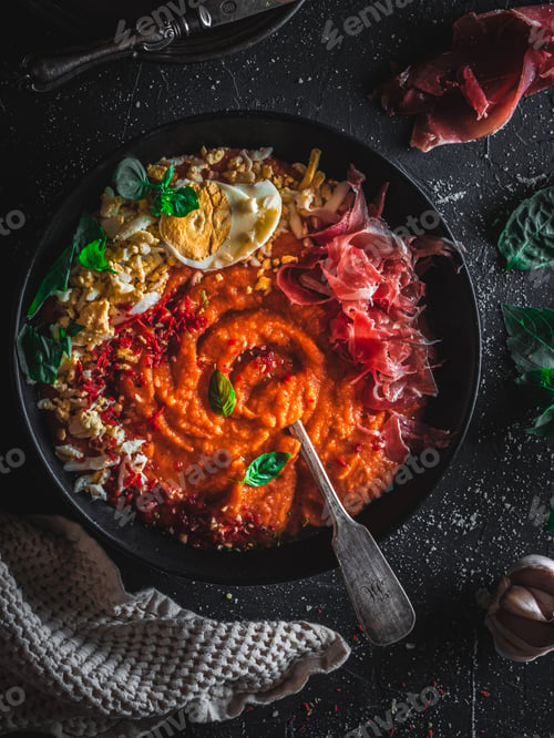 Preview: Spanish salmorejo soup with mountain bacon, basil, garlic and egg on a dark background
