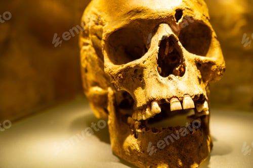 Preview: Real human skull in showcase of museum. Forensic science and anatomy concept. exhibition of