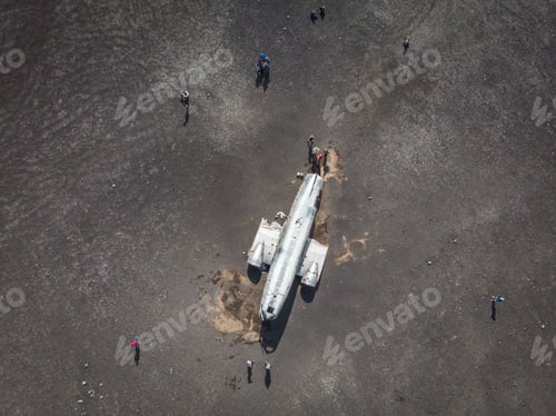 Preview: Aerial view of United States Navy DC plane wreck on the black be