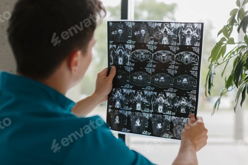 Preview: Young doctor analyzing X-ray images in a modern clinic.