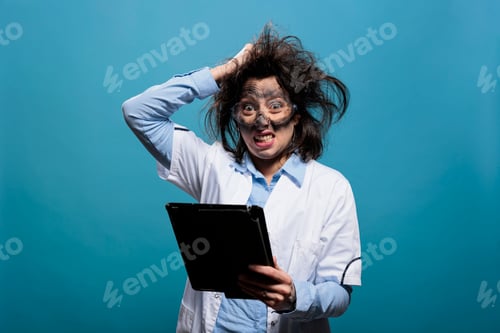 Preview: Crazy scientist angrily pulling messy hair after failed chemical experiment while having modern