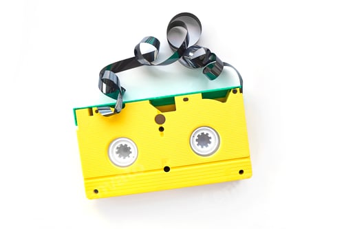 Preview: video cassette Isolated on white background. Creative concept in retro style, 80s. Top view