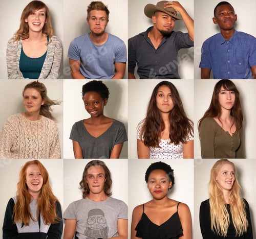 Visualização: Traços diferentes para pessoas diferentes. Foto composta de jovens posando em uma cabine fotográfica.