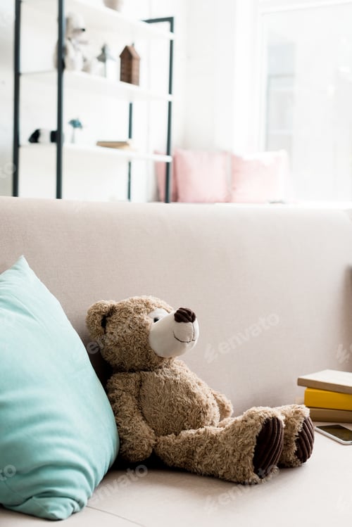 Preview: close-up shot of cute teddy bear on couch at home