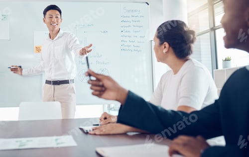 Preview: Brainstorming, team and business people, meeting and planning business strategy, whiteboard and col