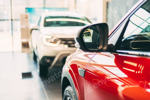 Preview: Red And White Cars Parked Indide at Dealer Shop. Close Up Of Vehicle Mirror. Dealer Showroom. Sale