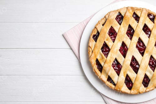 Preview: Delicious fresh cherry pie on white wooden table, flat lay. Space for text