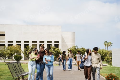 Preview: Young group of friends having fun outside with school building on background