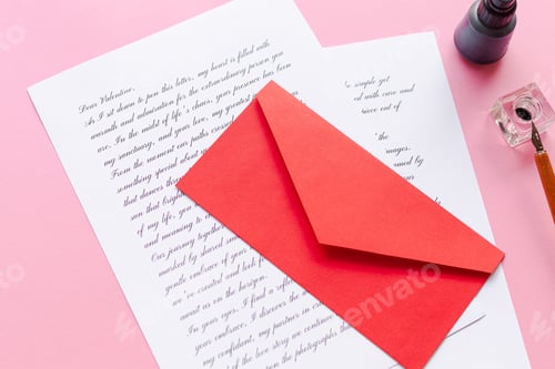 Preview: Top view of a red envelope with a love letter for Valentine's day on a pink background