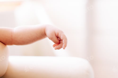 Preview: detail of the hand of a newborn in studio lighting against white
