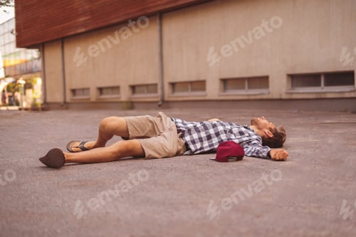 Preview: man on the ground, got injury outdoors, falling down