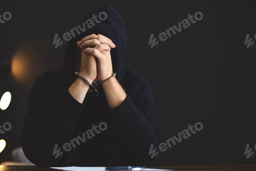 Preview: Criminal in handcuffs with confession at desk indoors. Space for text