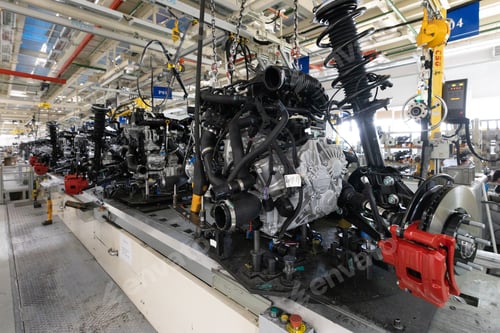 Preview: Photo of automobile production line. Welding car body. Modern car assembly plant. Auto industry