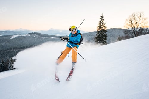 Preview: Skier in snow powder produces braking on slope of mountain