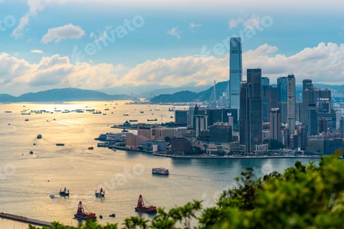 Preview: Hong Kong harbor with landscape view of city skyscraper skyline building, China business landmark