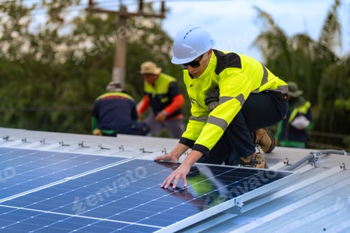 Preview: A skilled technician adjusts a solar panel on rooftop