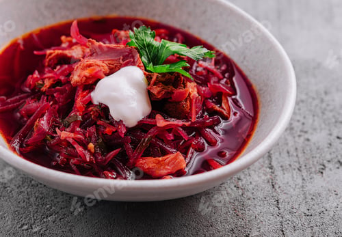 Preview: bowl of beet root soup borsch