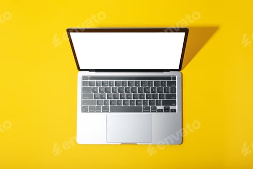 Preview: Laptop with blank screen on yellow background