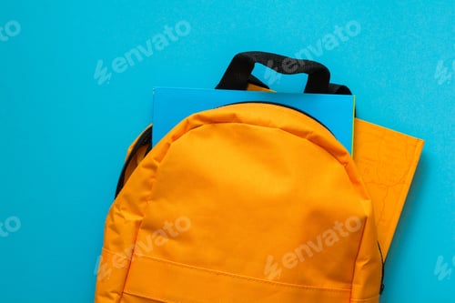 Preview: Back to school concept. Backpack with school supplies. Top view. Copy space