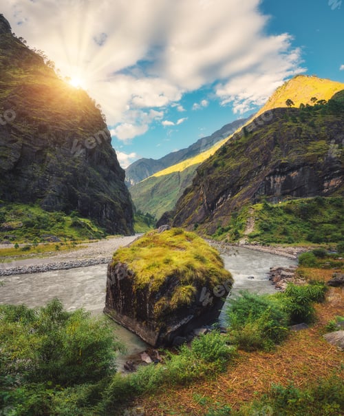 Preview: Amazing scene with mountains, beautiful river at sunset