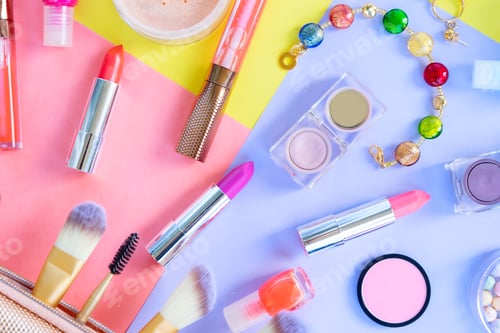 Preview: Colorful make up flat lay scene