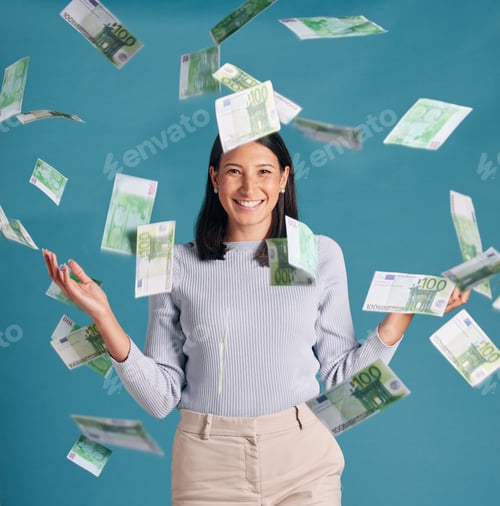 Preview: Wealthy, rich and money rain or falling from the sky for financial success and growth. Portrait of