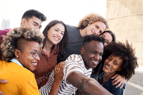 Preview: Multiethnic group of friends. Taking selfie outside. Caucasian, Asian, Latino, African American