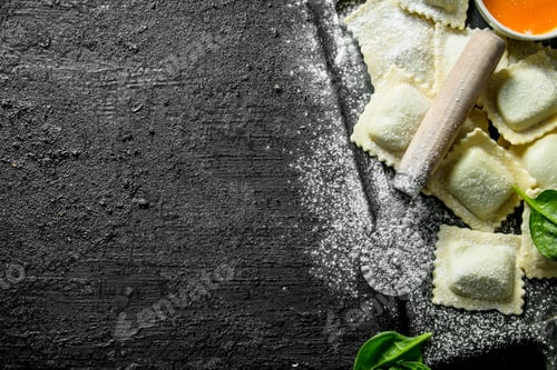 Preview: Ravioli raw with meat on a cutting Board.