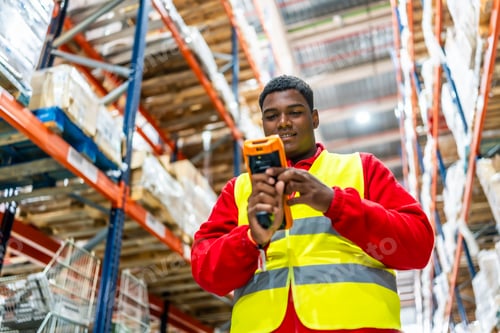 Preview: Latin male worker using scanner in a distribution warehouse
