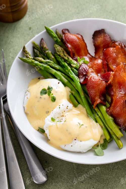 Preview: Healthy breakfast with poached eggs, bacon and asparagus