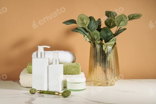 Preview: Face cream, serum bottle, shapmoo and stack of towels.