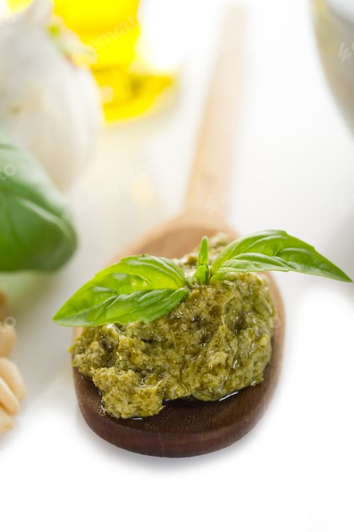 Preview: pesto sauce with ingredients on white background