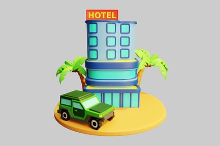 Preview: Tropical hotel with green offroader
